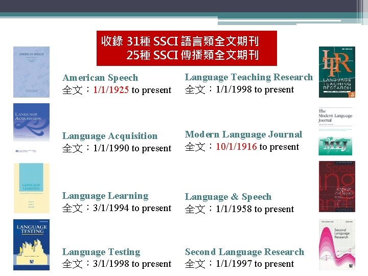 收錄 31種 SSCI 語言類全文期刊 25種 SSCI 傳播類全文期刊 American Speech 全文： 1/1/1925 to present Language