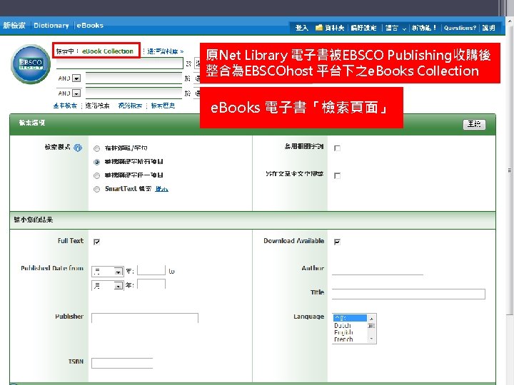 原Net Library 電子書被EBSCO Publishing收購後 整合為EBSCOhost 平台下之e. Books Collection e. Books 電子書「檢索頁面」 