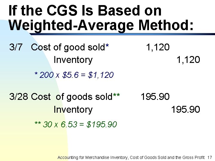 If the CGS Is Based on Weighted-Average Method: 3/7 Cost of good sold* Inventory