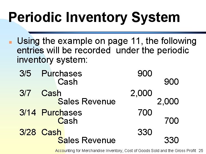 Periodic Inventory System n Using the example on page 11, the following entries will