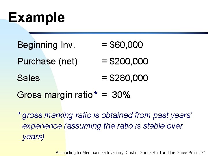 Example Beginning Inv. = $60, 000 Purchase (net) = $200, 000 Sales = $280,