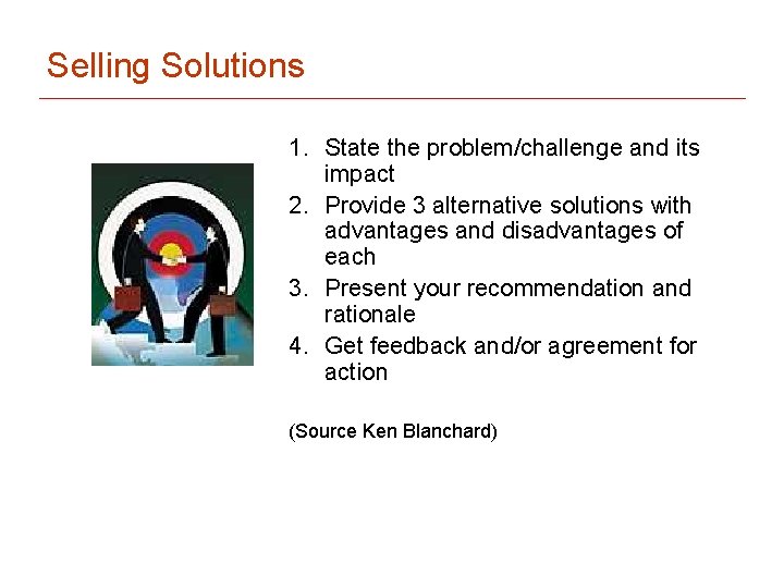 Selling Solutions 1. State the problem/challenge and its impact 2. Provide 3 alternative solutions