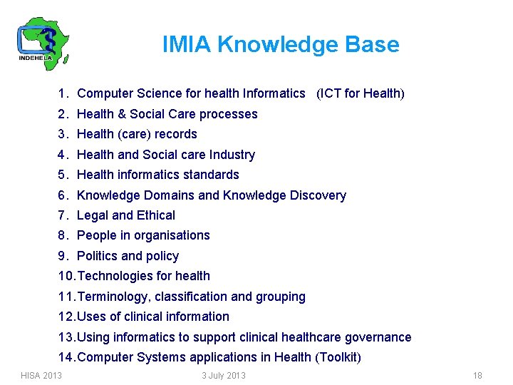 IMIA Knowledge Base 1. Computer Science for health Informatics (ICT for Health) 2. Health