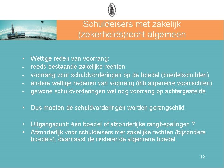 Schuldeisers met zakelijk (zekerheids)recht algemeen • - Wettige reden van voorrang: reeds bestaande zakelijke