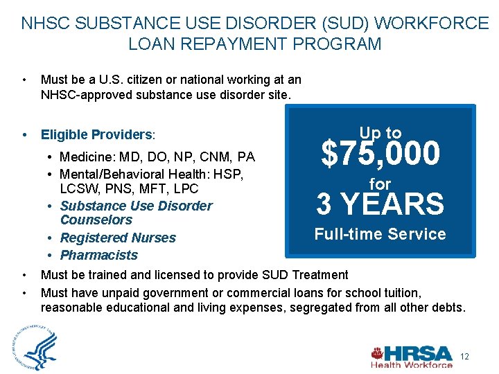 NHSC SUBSTANCE USE DISORDER (SUD) WORKFORCE LOAN REPAYMENT PROGRAM • Must be a U.