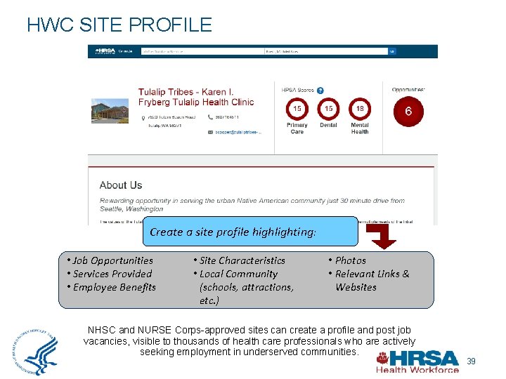 HWC SITE PROFILE Create a site profile highlighting: • Job Opportunities • Services Provided