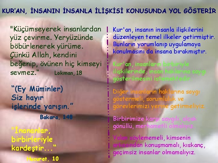 KUR’AN, İNSANIN İNSANLA İLİŞKİSİ KONUSUNDA YOL GÖSTERİR "Küçümseyerek insanlardan yüz çevirme. Yeryüzünde böbürlenerek yürüme.