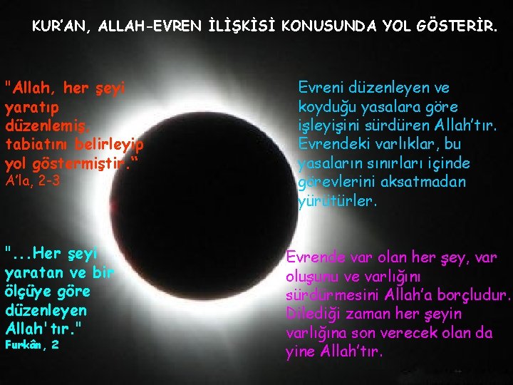 KUR’AN, ALLAH-EVREN İLİŞKİSİ KONUSUNDA YOL GÖSTERİR. "Allah, her şeyi yaratıp düzenlemiş, tabiatını belirleyip yol