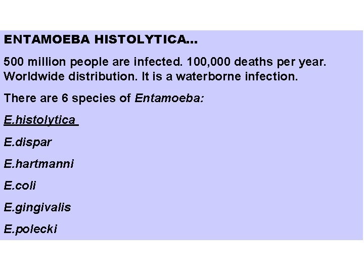 ENTAMOEBA HISTOLYTICA… 500 million people are infected. 100, 000 deaths per year. Worldwide distribution.
