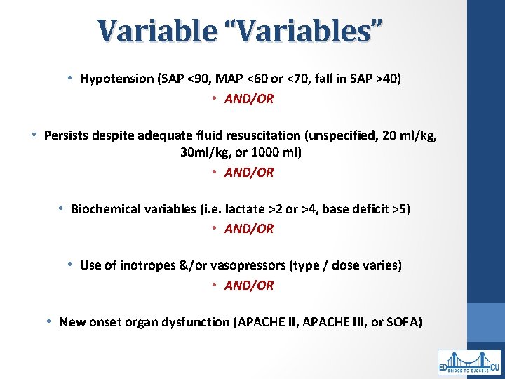 Variable “Variables” • Hypotension (SAP <90, MAP <60 or <70, fall in SAP >40)