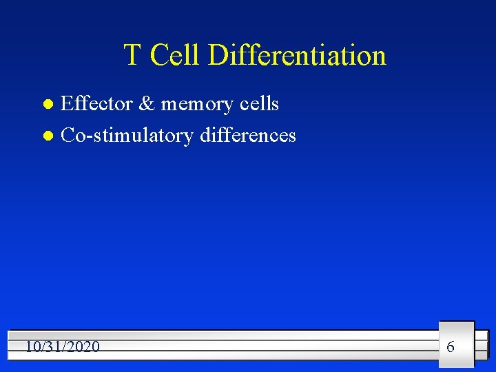 T Cell Differentiation Effector & memory cells l Co-stimulatory differences l 10/31/2020 6 