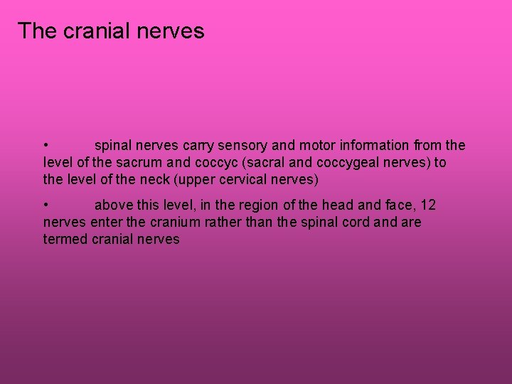 The cranial nerves • spinal nerves carry sensory and motor information from the level