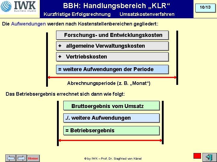 BBH: Handlungsbereich „KLR“ Kurzfristige Erfolgsrechnung Umsatzkostenverfahren Die Aufwendungen werden nach Kostenstellenbereichen gegliedert: Forschungs- und