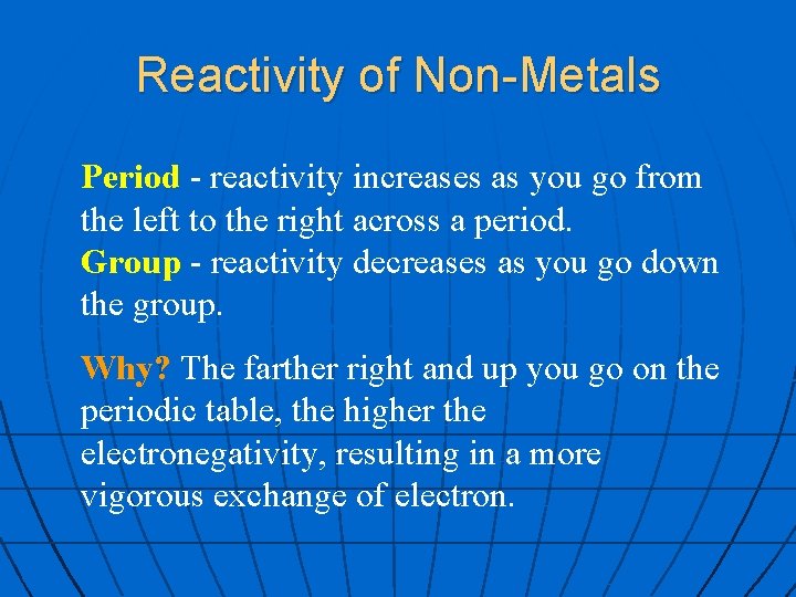 Reactivity of Non-Metals Period - reactivity increases as you go from the left to