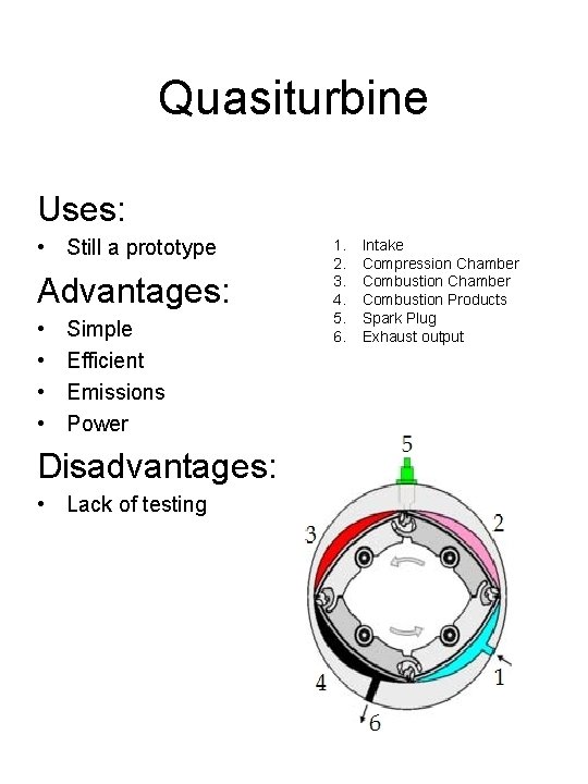 Quasiturbine Uses: • Still a prototype Advantages: • • Simple Efficient Emissions Power Disadvantages: