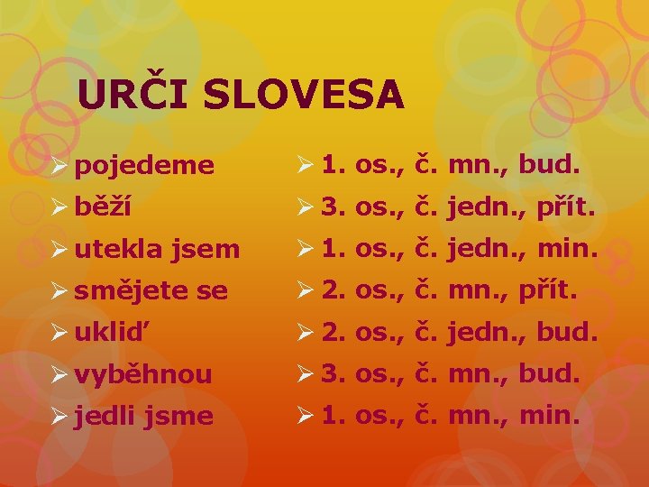 URČI SLOVESA Ø pojedeme Ø 1. os. , č. mn. , bud. Ø běží