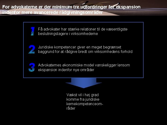 For advokaterne er der minimum tre udfordringer for ekspansion indenfor mere avancerede rådgivningsområder Få