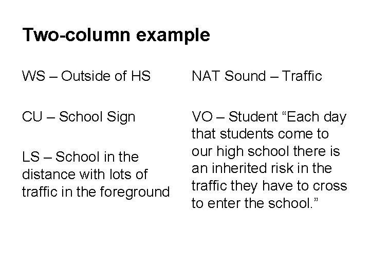 Two-column example WS – Outside of HS NAT Sound – Traffic CU – School