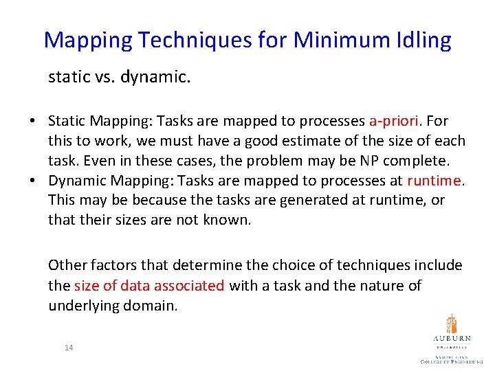 Mapping Techniques for Minimum Idling static vs. dynamic. • Static Mapping: Tasks are mapped Mapping Techniques for Minimum Idling static vs. dynamic. • Static Mapping: Tasks are mapped