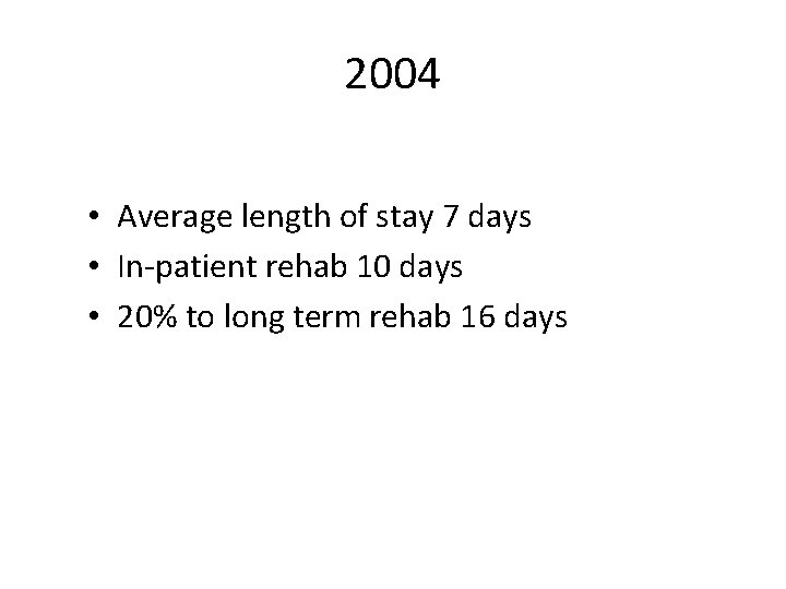 2004 • Average length of stay 7 days • In-patient rehab 10 days •