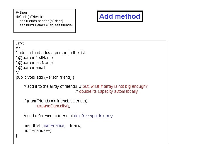 Python: def add(a. Friend): self. friends. append(a. Friend) self. num. Friends = len(self. friends)