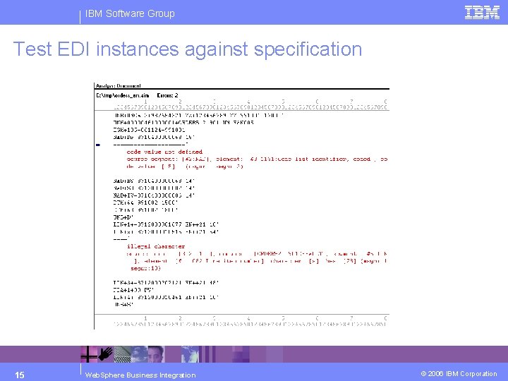 IBM Software Group Test EDI instances against specification 15 Web. Sphere Business Integration ©