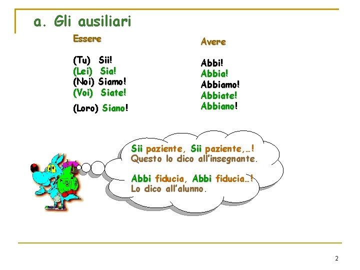 a. Gli ausiliari Essere Avere (Tu) (Lei) (Noi) (Voi) Abbi! Abbiamo! Abbiate! Abbiano! Sii!