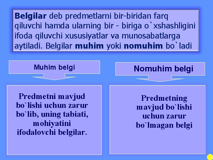 Belgilar deb predmetlarni bir-biridan farq qiluvchi hamda ularning bir - biriga o`xshashligini ifoda qiluvchi