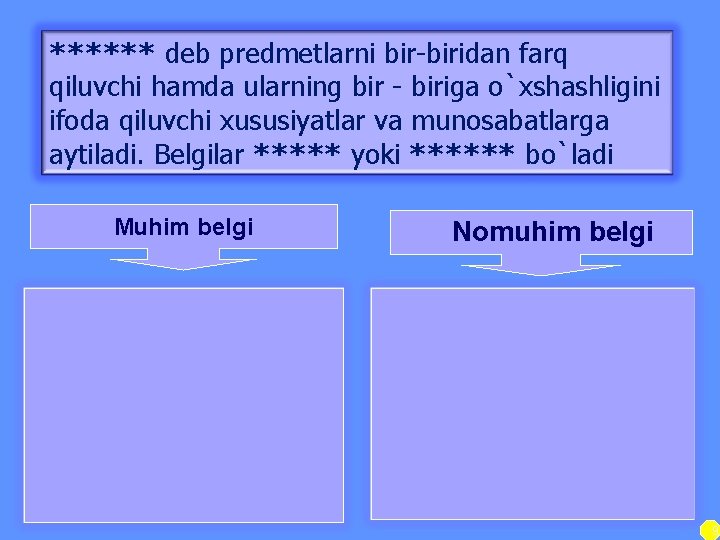 ****** deb predmetlarni bir-biridan farq qiluvchi hamda ularning bir - biriga o`xshashligini ifoda qiluvchi