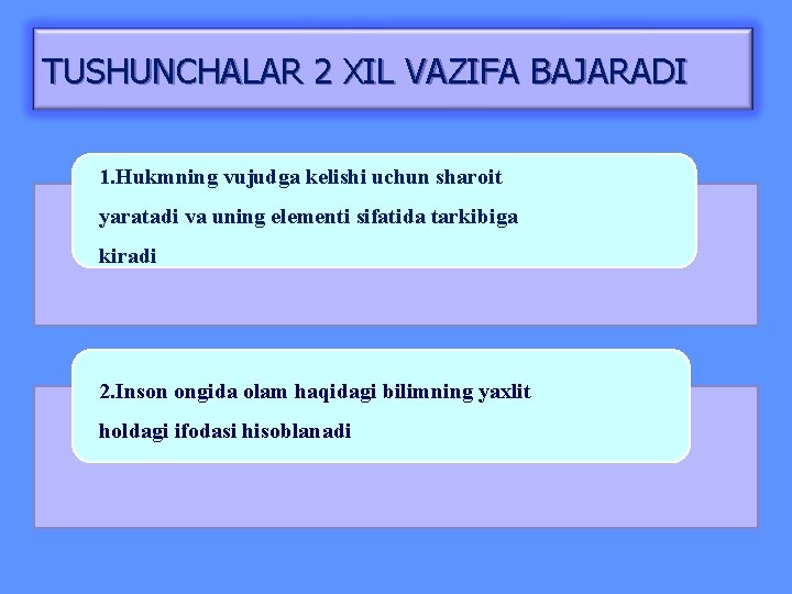 TUSHUNCHALAR 2 XIL VAZIFA BAJARADI 1. Hukmning vujudga kelishi uchun sharoit yaratadi va uning