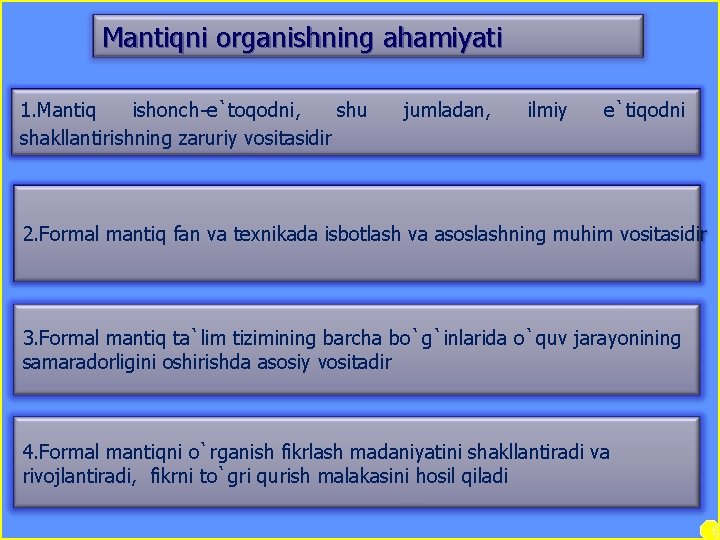 Mantiqni organishning ahamiyati 1. Mantiq ishonch-e`toqodni, shu shakllantirishning zaruriy vositasidir jumladan, ilmiy e`tiqodni 2.