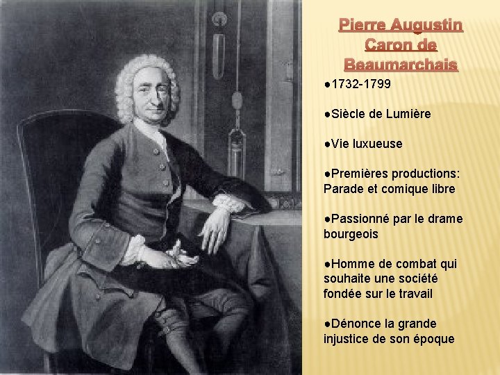 Pierre Augustin Caron de Beaumarchais ● 1732 -1799 ●Siècle de Lumière ●Vie luxueuse ●Premières