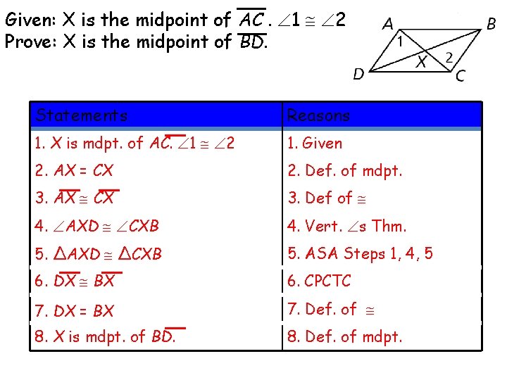 Given: X is the midpoint of AC. 1 2 Prove: X is the midpoint