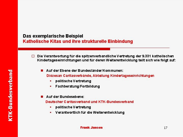 Das exemplarische Beispiel Katholische Kitas und ihre strukturelle Einbindung KTK-Bundesverband o Die Verantwortung für