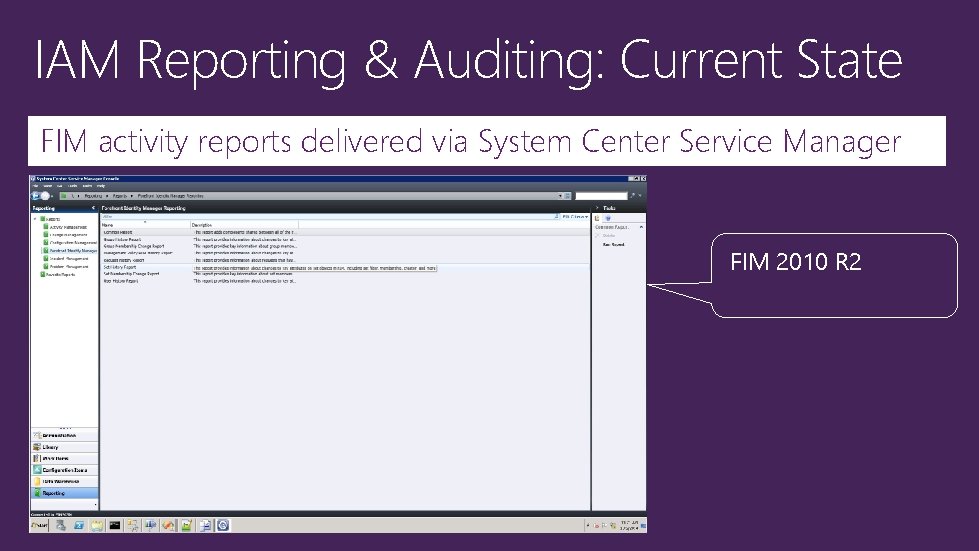 IAM Reporting & Auditing: Current State FIM activity reports delivered via System Center Service