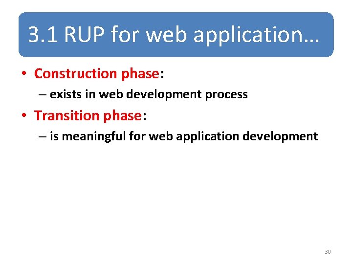 3. 1 RUP for web application… • Construction phase: – exists in web development