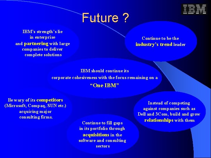 Future ? IBM’s strength’s lie in enterprise and partnering with large companies to deliver