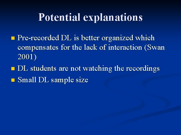 Potential explanations Pre-recorded DL is better organized which compensates for the lack of interaction