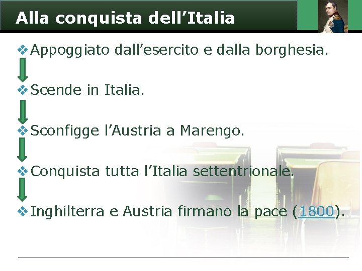 Alla conquista dell’Italia v Appoggiato dall’esercito e dalla borghesia. v Scende in Italia. v