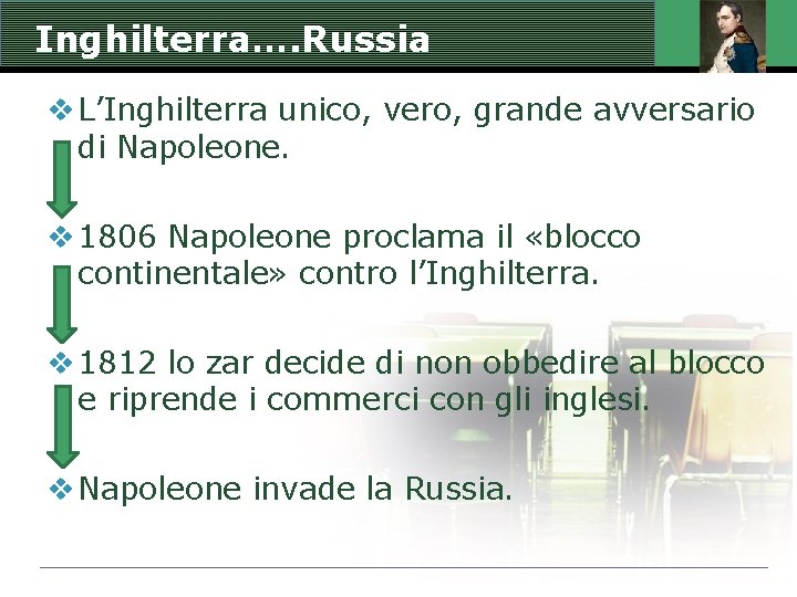 Inghilterra…. Russia v L’Inghilterra unico, vero, grande avversario di Napoleone. v 1806 Napoleone proclama