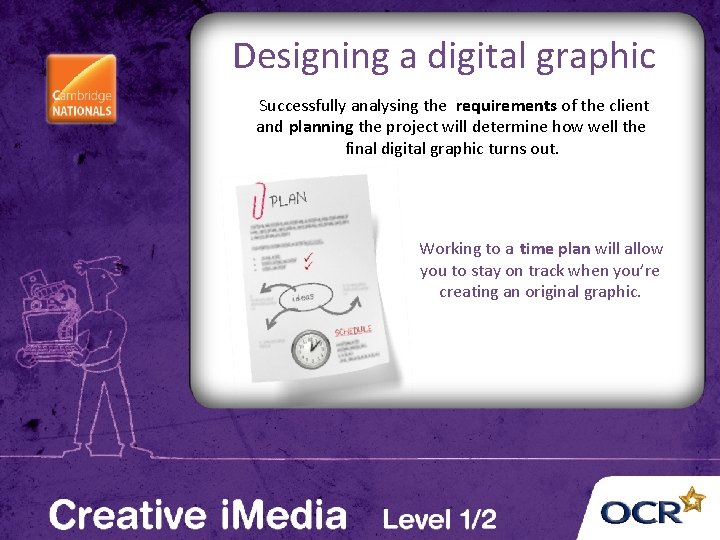 Designing a digital graphic Successfully analysing the requirements of the client and planning the