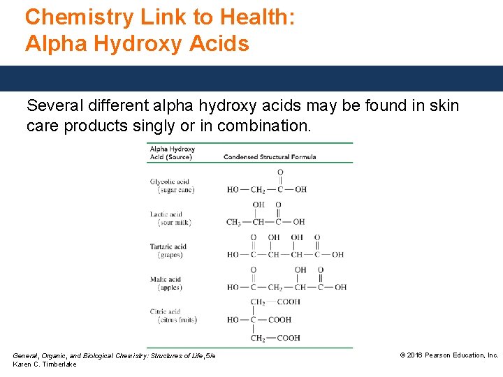 Chemistry Link to Health: Alpha Hydroxy Acids Several different alpha hydroxy acids may be