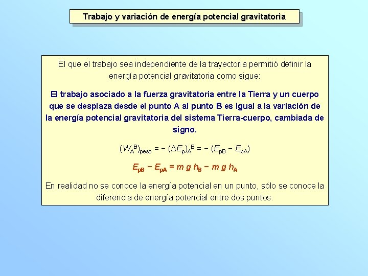 Trabajo y variación de energía potencial gravitatoria El que el trabajo sea independiente de