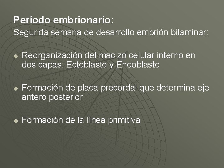 Período embrionario: Segunda semana de desarrollo embrión bilaminar: u u u Reorganización del macizo