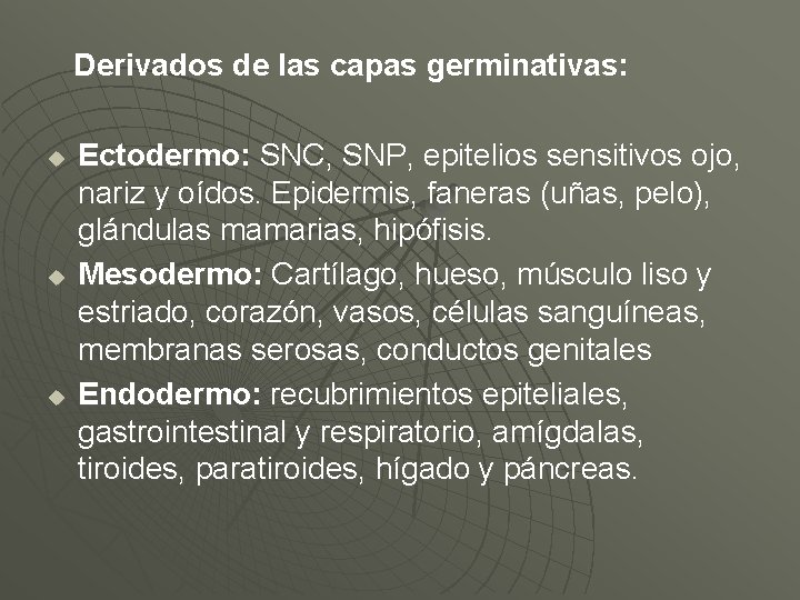 Derivados de las capas germinativas: u u u Ectodermo: SNC, SNP, epitelios sensitivos ojo,