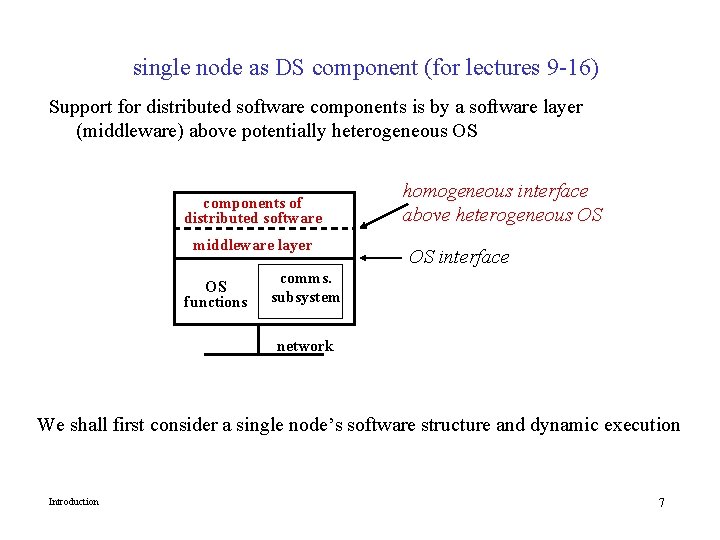 single node as DS component (for lectures 9 -16) Support for distributed software components