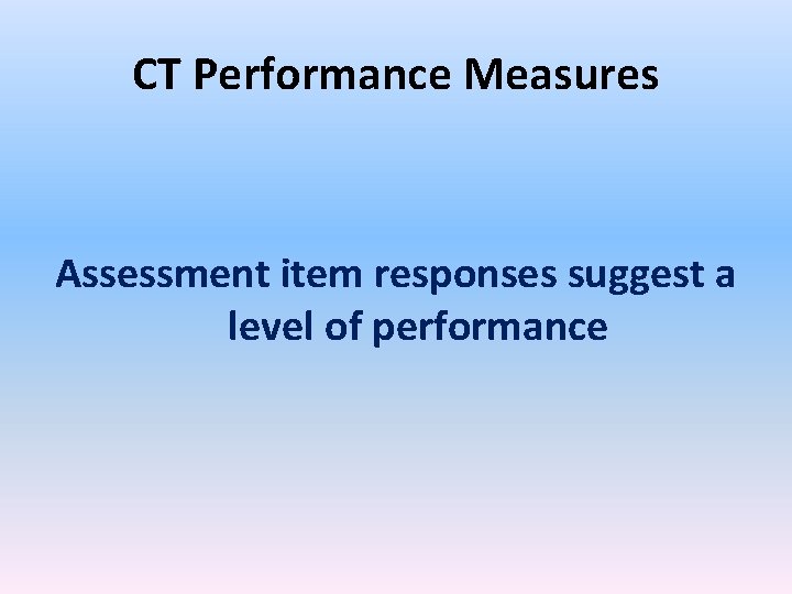 CT Performance Measures Assessment item responses suggest a level of performance CT Performance Measures Assessment item responses suggest a level of performance