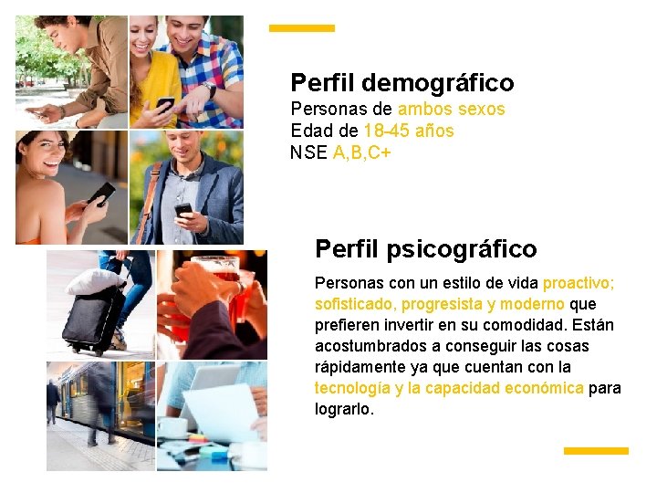 Perfil demográfico Personas de ambos sexos Edad de 18 -45 años NSE A, B,