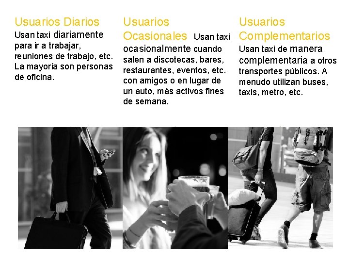 Usuarios Diarios Usan taxi diariamente para ir a trabajar, reuniones de trabajo, etc. La