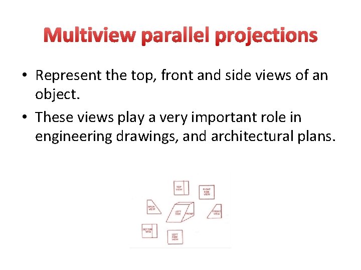 Multiview parallel projections • Represent the top, front and side views of an object. Multiview parallel projections • Represent the top, front and side views of an object.